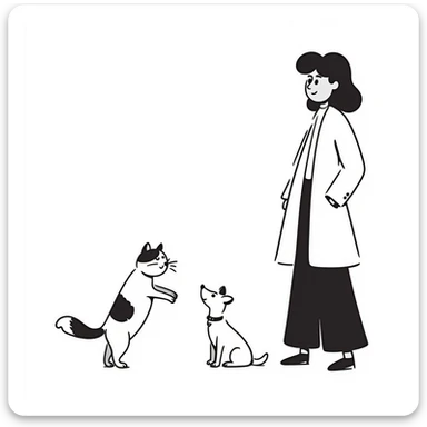 a woman standing with a cat and a dog near her on the right side, hand drawn notion style doodle sticker