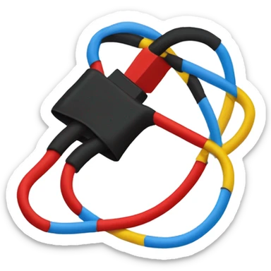 Un câble electrique noir cassé, légèrement courbé. Fils : Trois fils colorés (rouge, bleu, jaune) sortent du câble. Effets : Étincelles ou éclairs subtils autour des fils pour suggérer de l'électricité.Aucune caractéristique anthropomorphique sticker