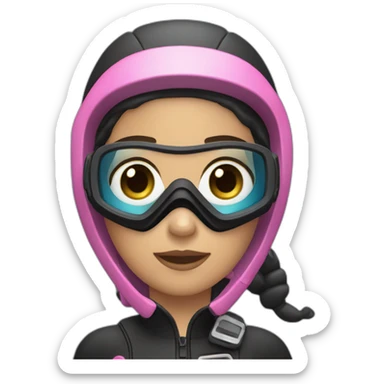 scubadiver woman, with brown and starighthear black suit and Pink dive mask in her blue eyes sticker