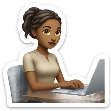 Medium hair straight light skin  Brown girl, computer science intern with a computer  sticker