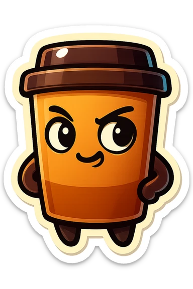 Tall coffee cup, mischievous eyes, pondering sticker