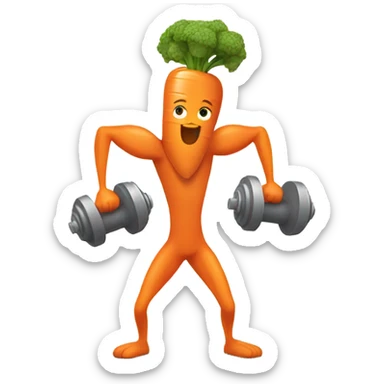Generate an energetic carrot emoji wearing a sweatband, lifting tiny dumbbells, and looking motivated. sticker