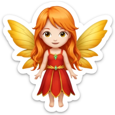 fairy with long orange hair, yellow wings, red dress, happy, chibi full body sticker