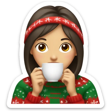 asian girl drinking coffee wearing Christmas sweater sticker