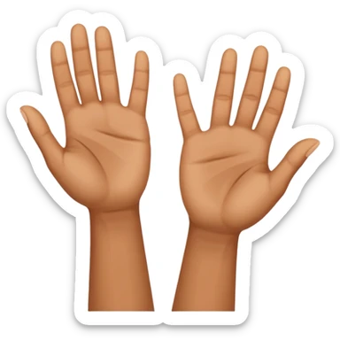 Two upward facing hands one a Little higher than the other. Over the one on the left there is a 6 and over the one on the right there is a 7   sticker