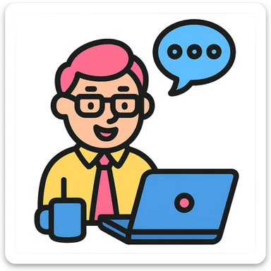 Add a laptop to the meeting office worker, keep the original style and transparent background. sticker