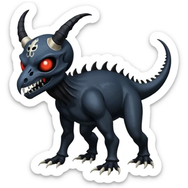 Shiny Dark Edgy  Duskull-Salandit-Inteleon-Amaura-Fakémon-hybrid-creature (full body) with a horned animal-skull-mask sticker