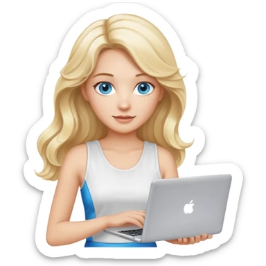 3D Apple-style emoji of a blonde woman whits long wavy hair, with bright blue eyes,
wearing a white sleeveless top,
holding a silver laptop,
clean white background, smooth rounded design
 sticker