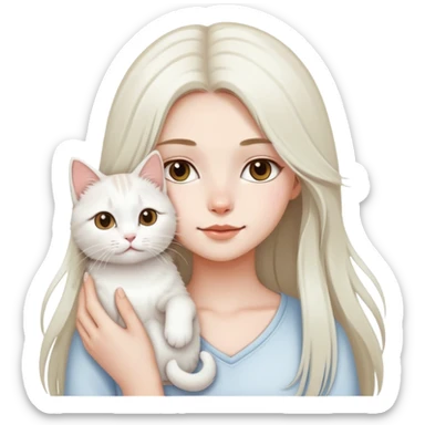 A pretty girl with a long layered hair with a white cute cat with her sticker