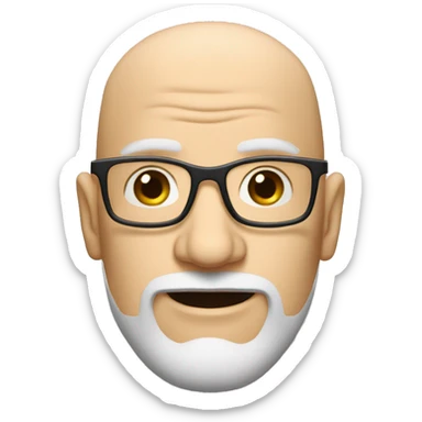 bald white man with a large wrinkled forehead, thin square glasses and a beard connected above and below, always white sticker