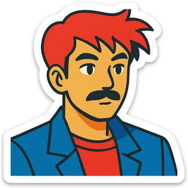 asian man with black mustache and red hair, 90's anime style, vibrant toon style sticker