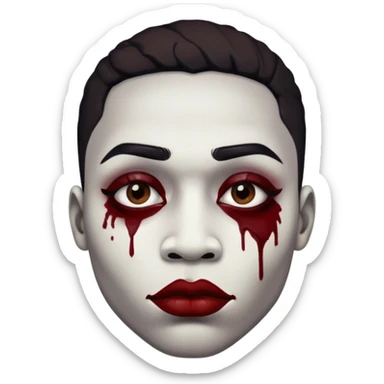 black male . The makeup consists of a white-painted face with black smudged eye makeup that extends outward, creating a haunting, exaggerated look. Their lips are painted deep red, smeared outward in an unsettling, almost sinister manner, resembling the Joker-inspired style of makeup. sticker