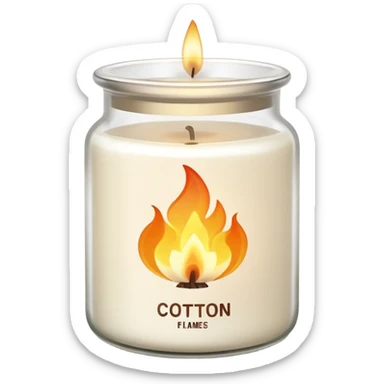 aesthetic emoji of a creamy white candle in a matte glass jar with the label “cotton”, three small flames burning evenly, soft cozy lighting, minimal elegant vector style, transparent background sticker