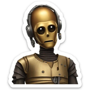 wild west Bounty hunter C3po wearing small hat relaxed pose bearded rusty sticker