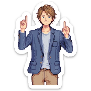 Flat pixel are, lively and clever male debater, fair skin, short messy light brown hair, sharp eyes with a mischievous smile, wearing indigo blazer over a casual t-shirt, one hand raised mid-gesture, waist-up, front-facing sticker