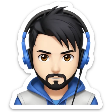 Highly detailed anime-style man with spiky black hair, expressive brown eyes, neat black beard, wearing professional gaming headphones, sharp facial features, anime shading and highlights sticker