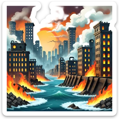 an apocalyptic backdrop of a city in ruins and on fire with a tidal wave and earthquake in the style of cyber punk and steam punk ascetics sticker