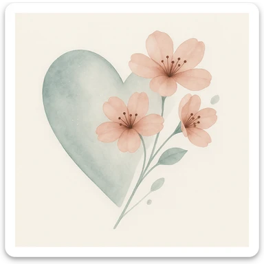 Enhance the silver highlights and overlay on the heart with sakura in watercolor style. sticker