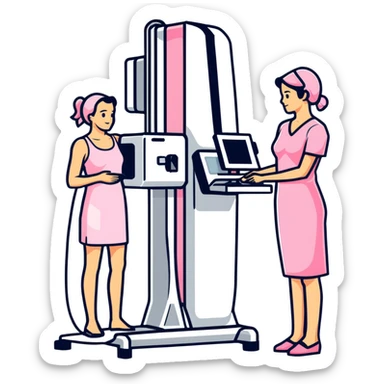Mammogram breast cancer screening machine with female patient, medical test sticker