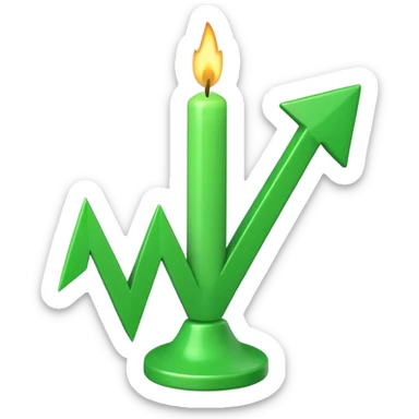 iOS-style 3D emoji: rising green candlestick chart with an upward-pointing arrow sticker