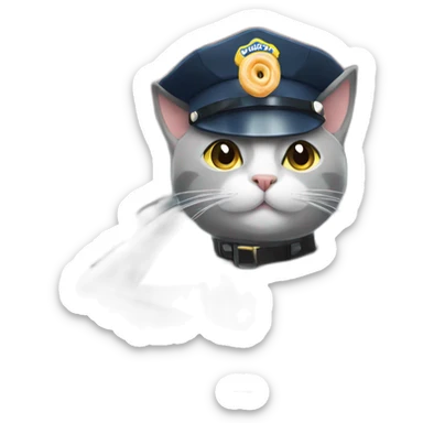 grey cat in a police hat in a police car outside a doughnut shop sticker