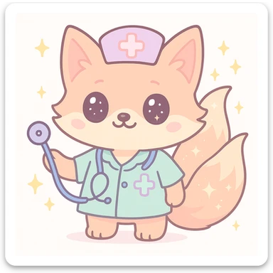 Make the kitsune fox medic even cuter in the kawaii style, with bigger eyes, fluffier tails, and enhanced magical kitsune features, emphasizing adorable and charming elements. sticker