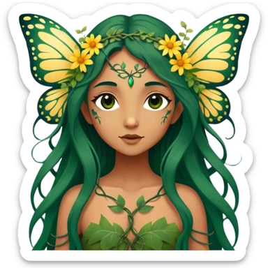 Cinematic Realistic Forest Nymph Fairy Portrait, depicted with lifelike, sun-kissed tanned skin that radiates an earthy glow, softly illuminated by natural, dappled light. Her long, flowing dark green hair is intricately detailed and interwoven with delicate vines and wildflowers, while her deep, soulful eyes mirror the wisdom of the forest. Dressed in an attire inspired by nature’s palette—with subtle botanical motifs—the portrait exudes a soft, enchanted glow that melds realism with woodland magic showing her large butterfly wings. sticker