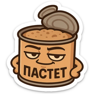 Chibi open pâté can character, masculine confident look, relaxed smug smile, heavy eyelids, strong outline, simple emoji style, neutral warm colors, minimal design, Twitch emote optimized, Cyrillic text "ПАСТЕТ" bold and clear sticker