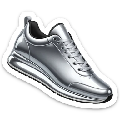 A pair of futuristic sneakers emoji made of silver chrome, sleek streetwear design, smooth metallic panels, subtle reflections, luxury swag aesthetic, iOS emoji style, centered, clean white background sticker