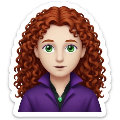Armand with white skin, green eyes , long auburn curly hair, dark purple outfit sticker