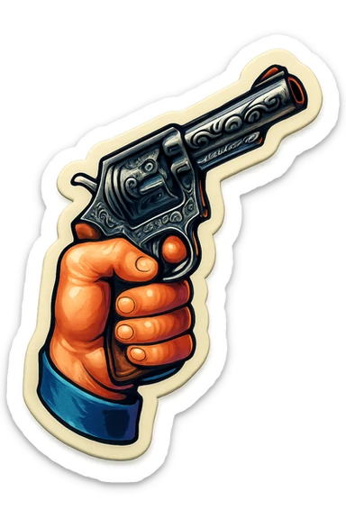 male hand holding a revolver with engraving, retro stickers style, sharp black outlines, expressive shadows and highlights, no gradients, only sharp color transitions sticker