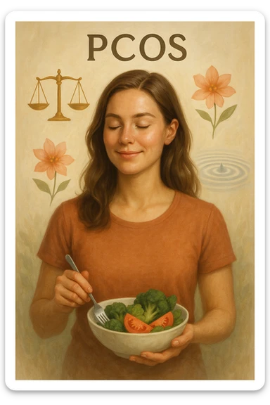 Realistic and cinematic vertical 2:3 illustration of a woman with PCOS showing signs of well-being, low inflammation and stable cortisol thanks to healthy eating. Positive atmosphere with symbols of hormonal balance and health, very few writings. sticker