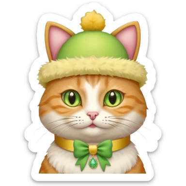 cat wearing a creamy cake hat with fun necklace around his neck and a yellow bow in the middle sticker