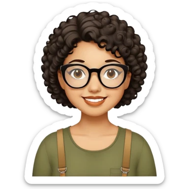 Woman in her 20s with caramel skin tone. Cheerful round face with chubby cheeks. Brown eyes behind thick black glasses. Voluminous short curly hair. Wide smile with dimples. Wearing olive green shirt with wide straps. sticker