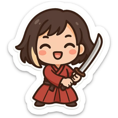 Convert this image to Twitch emoji format: chibi kawaii samurai girl with short hair and one streak of blonde in her hair, simplified details, bold outlines, clear facial expression, transparent background, sized for Twitch emoji use. sticker