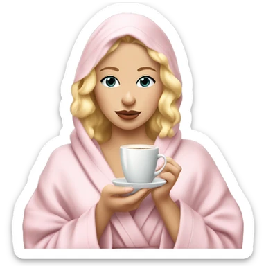 Blonde 20 year old making coffee coquette in a light baby pink robe and a towel onbher head sticker