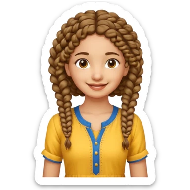 fair Indian girl with curly hair in a braid, smiling, yellow kurti, blue jeans, standing sticker