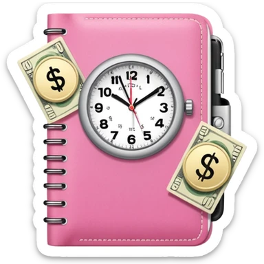 Libreta rosa, reloj femenino blanco y un dolar sticker
