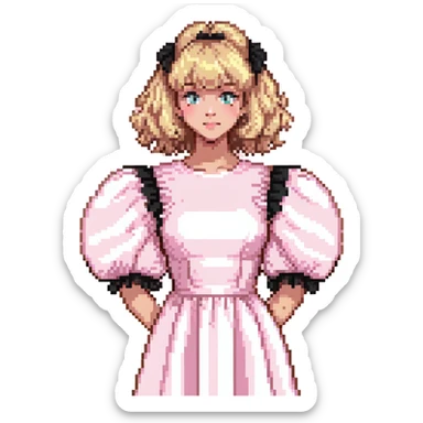 Blonde, pale girl with bangs and curly hair and a pastel pink puff sleeve dress sticker