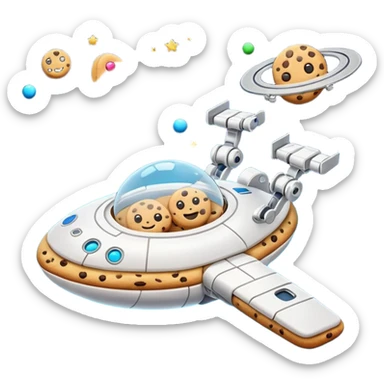 Half spaceship cookie factory floating in space, robotic arms baking in zero gravity, stars in background, futuristic emoji-style sticker
