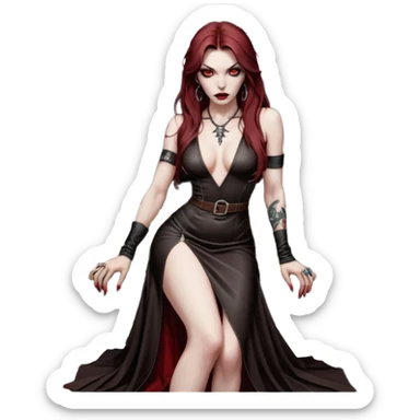 Lilith symbol red eye seductress evil long brown haired sexy succubus woman with leather long dress with slit, sitting in Big Large F350 pickup truck. Black Platform high heels on feet. Tattoo sleeve arms, seat full of stacks of cash, and a man dead human skull of her enemies and a gun in other hand sticker