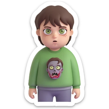 a little chubby teenage boy with brown emo hair, gray-green eyes, zombie sticker