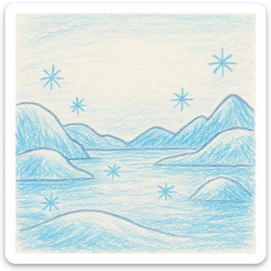 icy planet background for a children's book, pastel blue and white, frosty hills, sparkling ice, open sky area for text, no characters, inviting and playful mood sticker