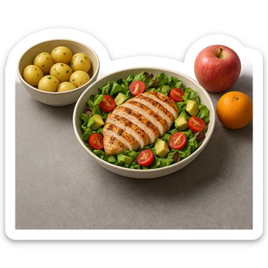 insalate con petto di pollo grigliato e bowl di patate cotte poggiate per terra e frutta fresca, iperrealistico 4k sticker