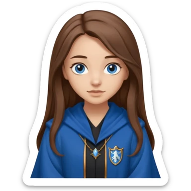 gorgeous Girl with light skin, blue eyes, long brown hair, wears ravenclaw black and blue robes  sticker