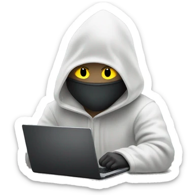 hooded masked man with a laptop and bright glowing white eyes  sticker