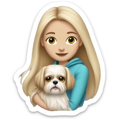 Girl with long blonde hair, freckles, and blue/green eyes holding an all beige shih tzu dog  sticker