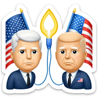 symbolic hot wire connecting Russia and USA with Russian and US flags at each end, glowing wire in the middle, cartoon faces of John F. Kennedy and Nikita Khrushchev on each side, tense Cold War atmosphere sticker