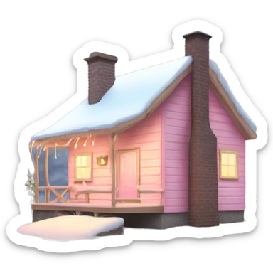 light pink cabin with snow with lights and smoking chimney sticker