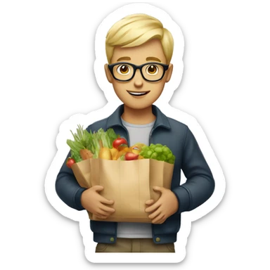 A boy with short cut blonde hair and glasses holding Shopping bag with food  sticker